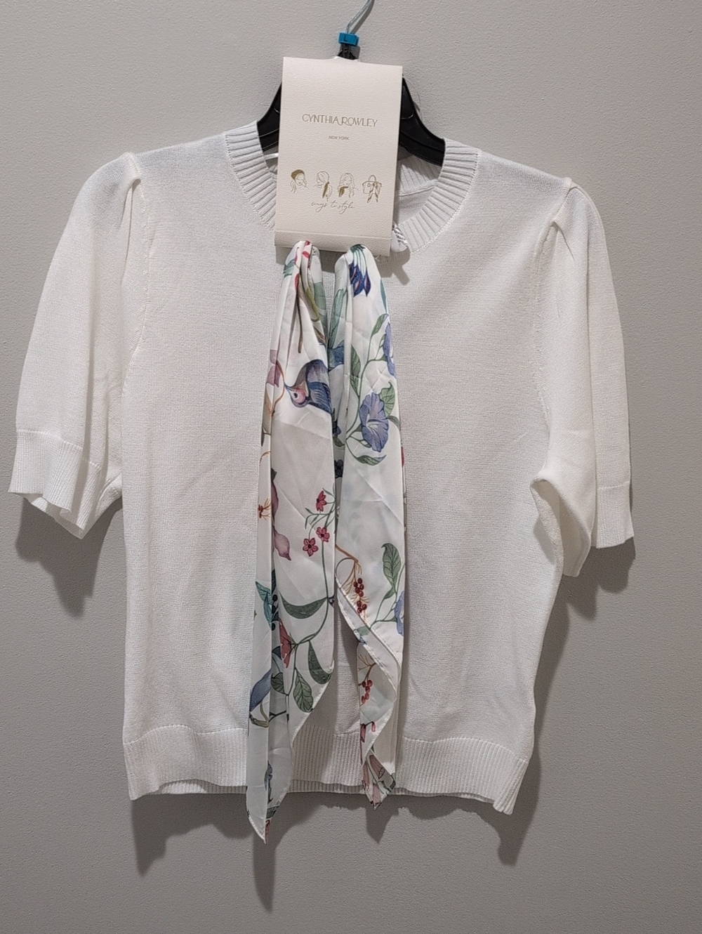 Cynthia Rowley White Short-Sleeve Knit Top with Floral Scarf